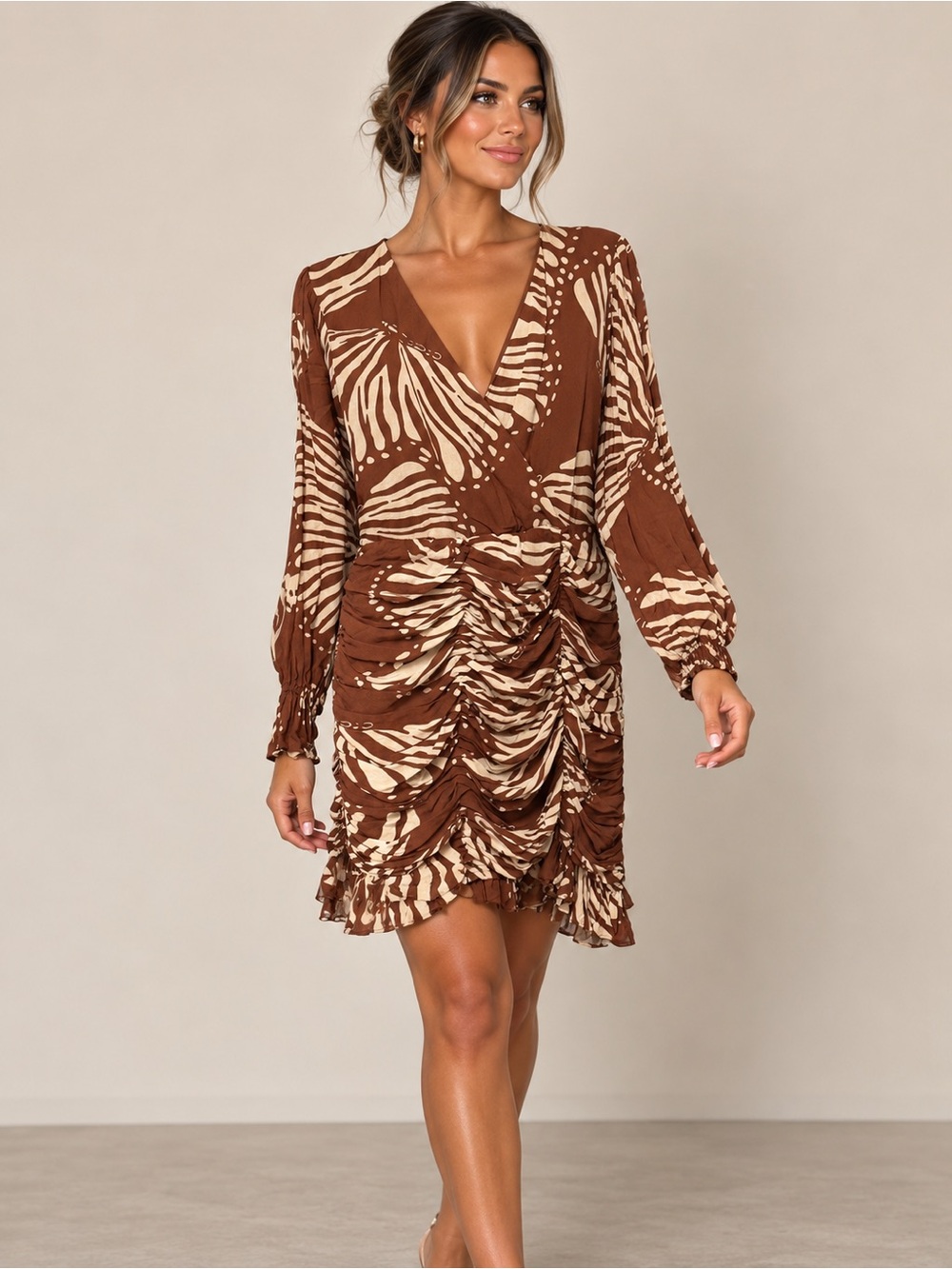 Ruched V-Neck Brown & Cream Print Dress